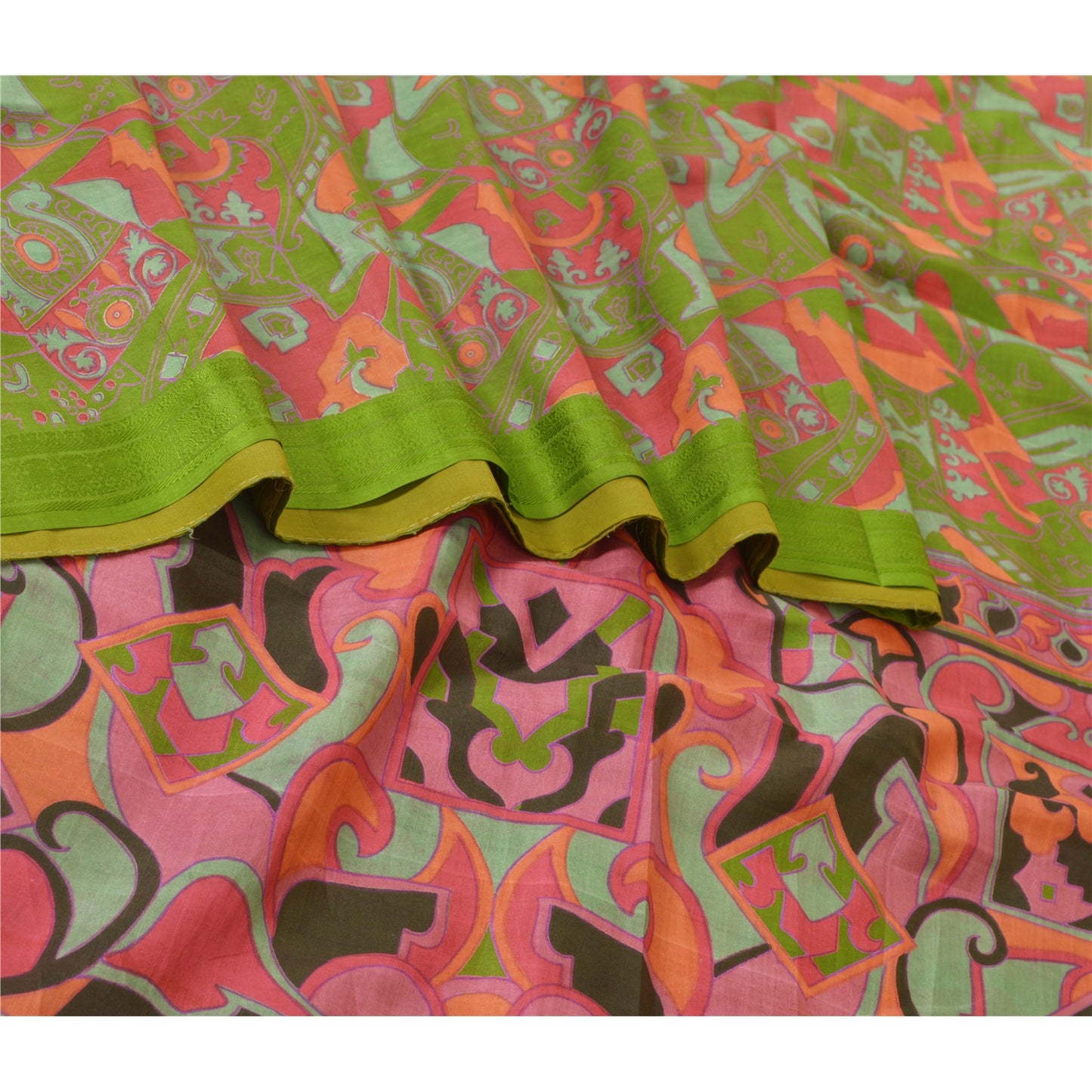 Sanskriti Vintage Sarees From India Green Pure Silk Print Sari 6yd Craft Sustainable Fabric