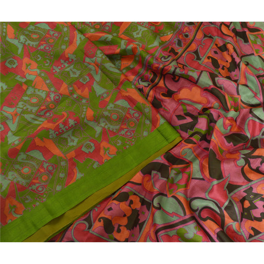 Sanskriti Vintage Sarees From India Green Pure Silk Print Sari 6yd Craft Sustainable Fabric