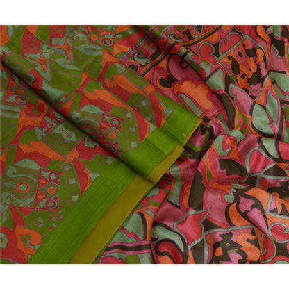 Sanskriti Vintage Sarees From India Green Pure Silk Print Sari 6yd Craft Sustainable Fabric