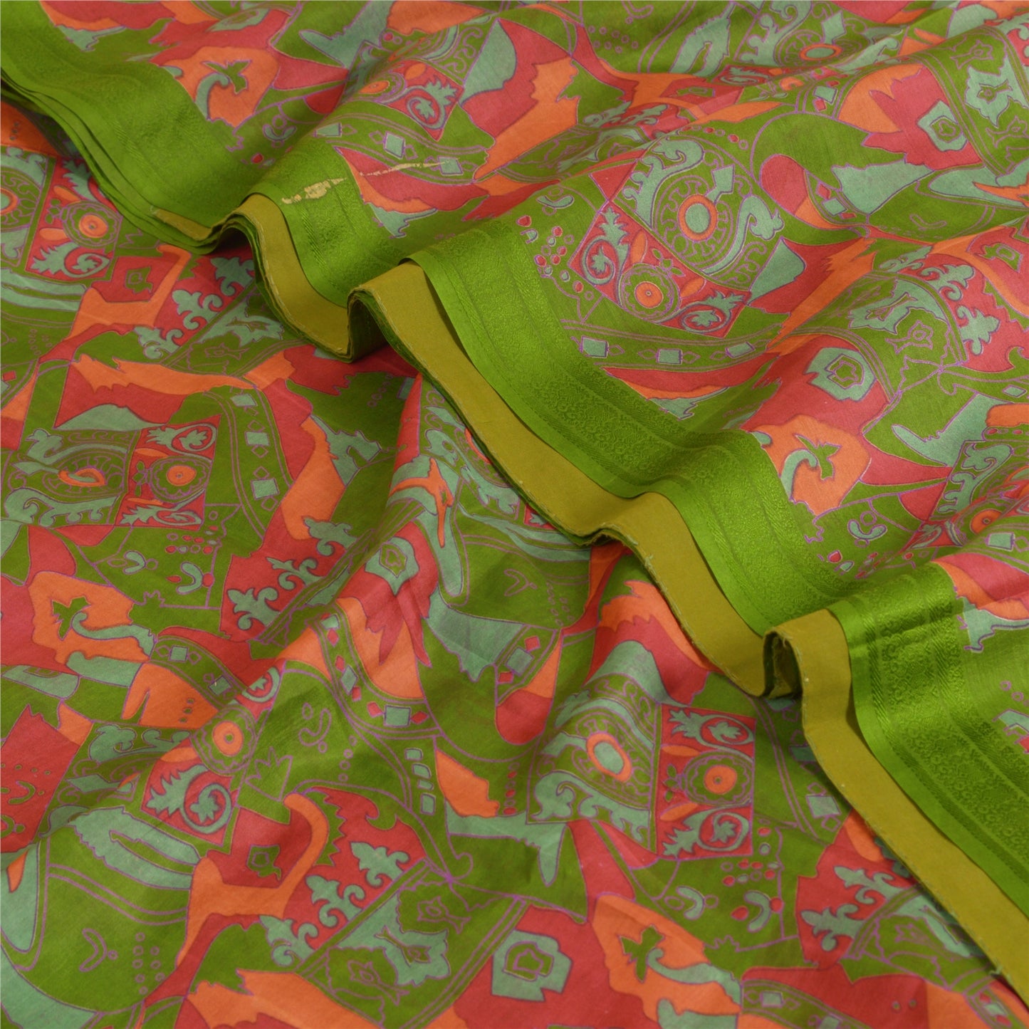 Sanskriti Vintage Sarees From India Green Pure Silk Print Sari 6yd Craft Sustainable Fabric