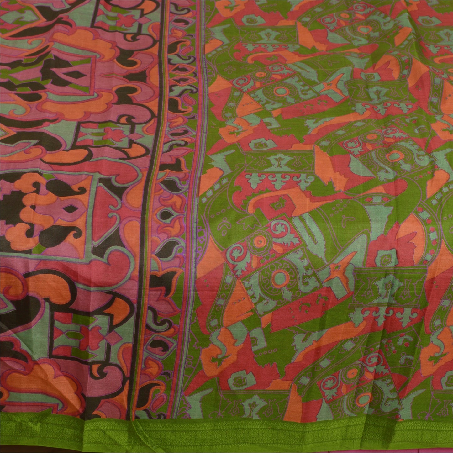Sanskriti Vintage Sarees From India Green Pure Silk Print Sari 6yd Craft Sustainable Fabric