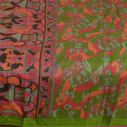 Sanskriti Vintage Sarees From India Green Pure Silk Print Sari 6yd Craft Sustainable Fabric