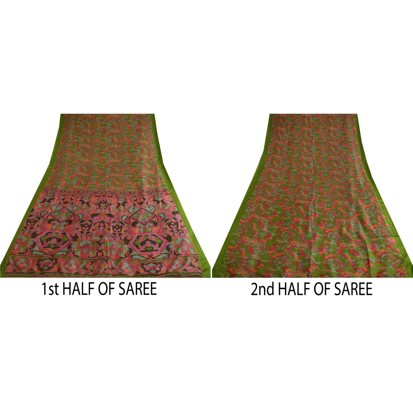 Sanskriti Vintage Sarees From India Green Pure Silk Print Sari 6yd Craft Sustainable Fabric