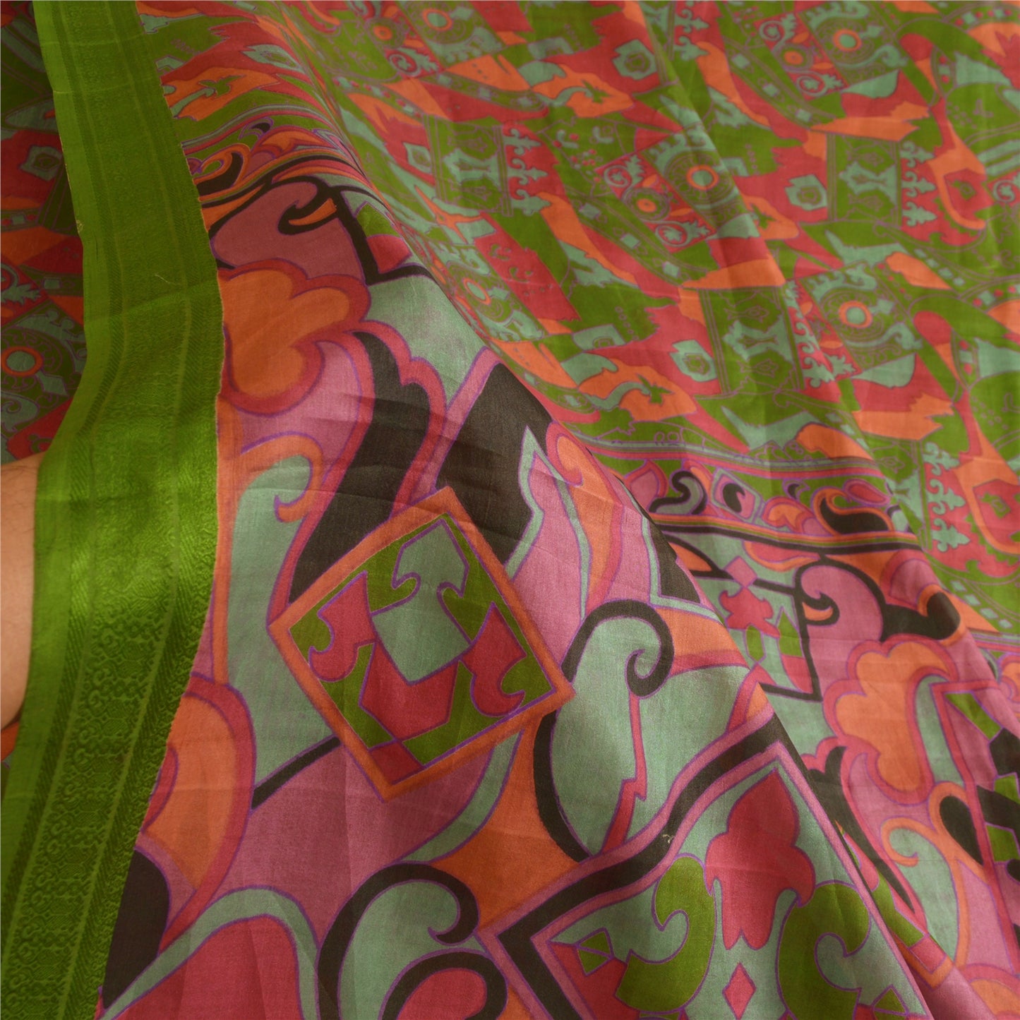 Sanskriti Vintage Sarees From India Green Pure Silk Print Sari 6yd Craft Sustainable Fabric