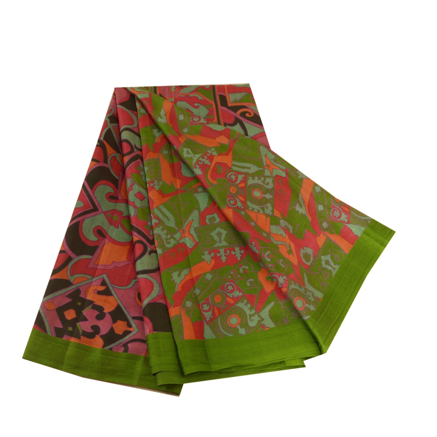 Sanskriti Vintage Sarees From India Green Pure Silk Print Sari 6yd Craft Sustainable Fabric