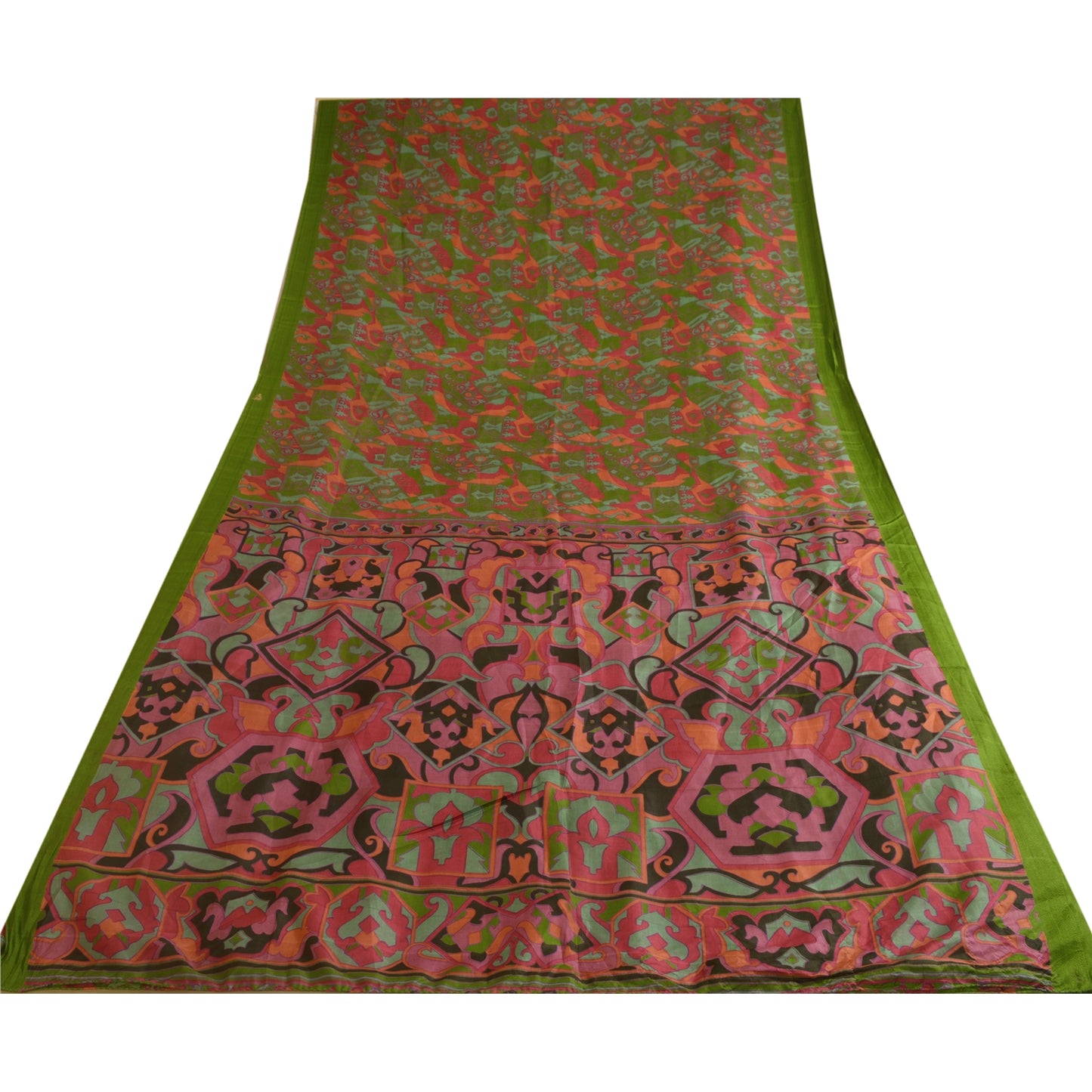 Sanskriti Vintage Sarees From India Green Pure Silk Print Sari 6yd Craft Sustainable Fabric