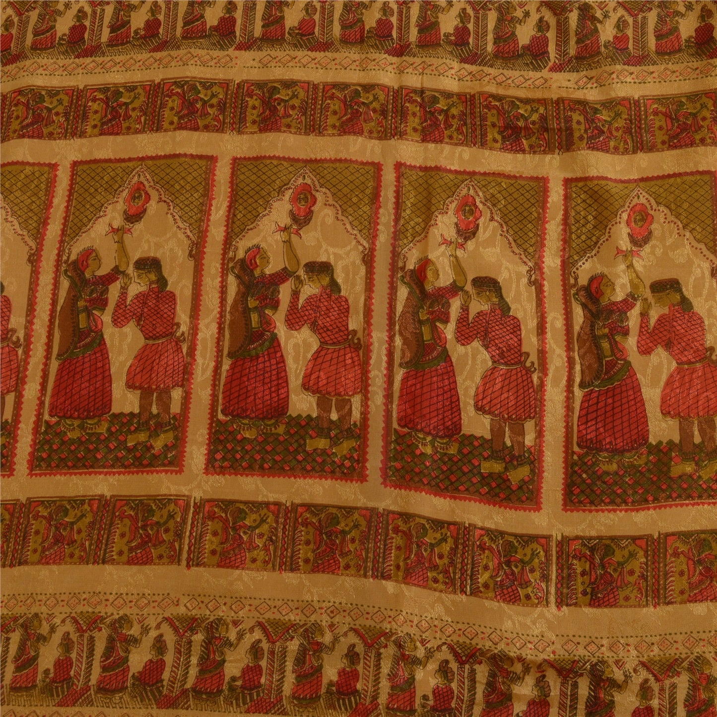 Sanskriti Vintage Sarees Saffron Pure Silk Printed Woven Sari 5yd Craft Sustainable Fabric