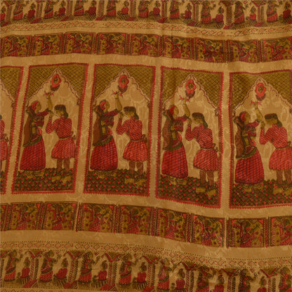 Sanskriti Vintage Sarees Saffron Pure Silk Printed Woven Sari 5yd Craft Sustainable Fabric