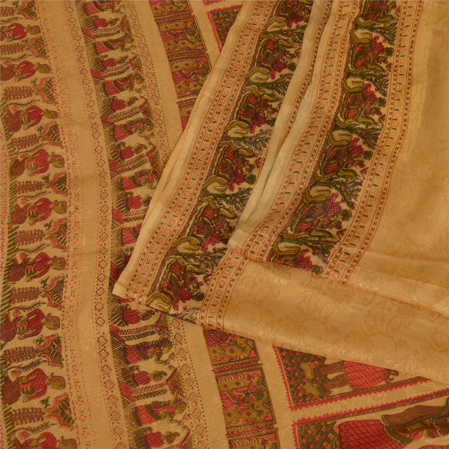 Sanskriti Vintage Sarees Saffron Pure Silk Printed Woven Sari 5yd Craft Sustainable Fabric