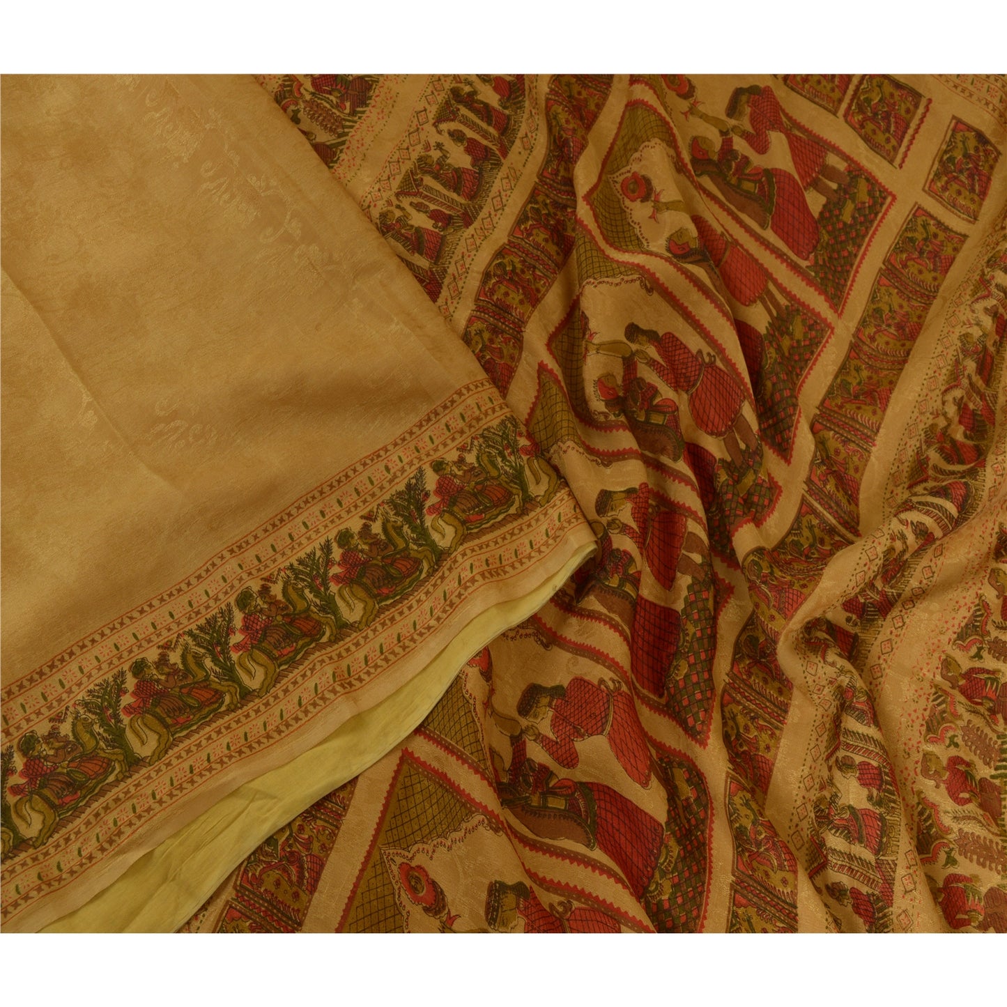 Sanskriti Vintage Sarees Saffron Pure Silk Printed Woven Sari 5yd Craft Sustainable Fabric