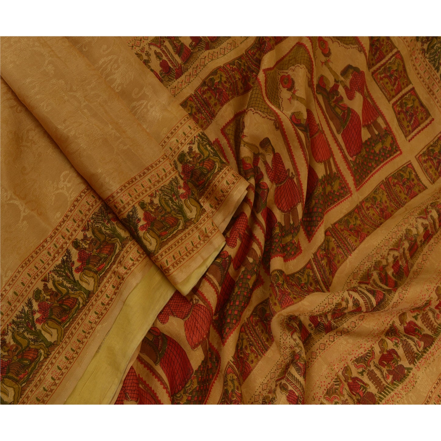 Sanskriti Vintage Sarees Saffron Pure Silk Printed Woven Sari 5yd Craft Sustainable Fabric