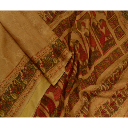 Sanskriti Vintage Sarees Saffron Pure Silk Printed Woven Sari 5yd Craft Sustainable Fabric