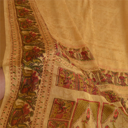 Sanskriti Vintage Sarees Saffron Pure Silk Printed Woven Sari 5yd Craft Sustainable Fabric