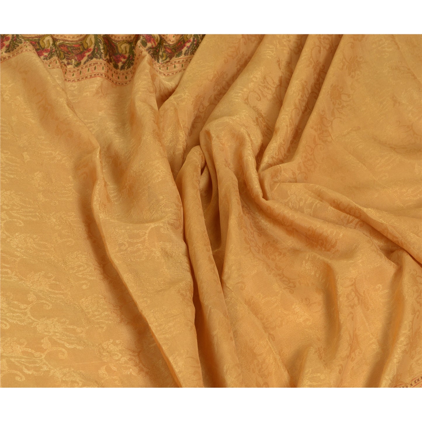 Sanskriti Vintage Sarees Saffron Pure Silk Printed Woven Sari 5yd Craft Sustainable Fabric