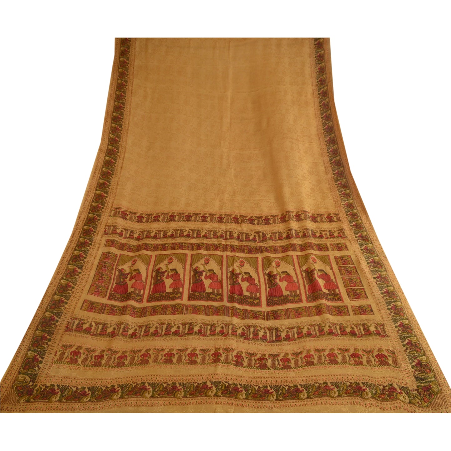 Sanskriti Vintage Sarees Saffron Pure Silk Printed Woven Sari 5yd Craft Sustainable Fabric