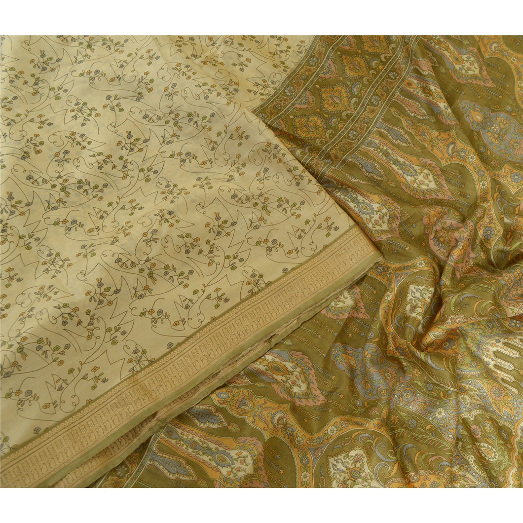 Sanskriti Vintage Sarees Cream 100% Pure Silk Printed Sari Floral Craft Fabric