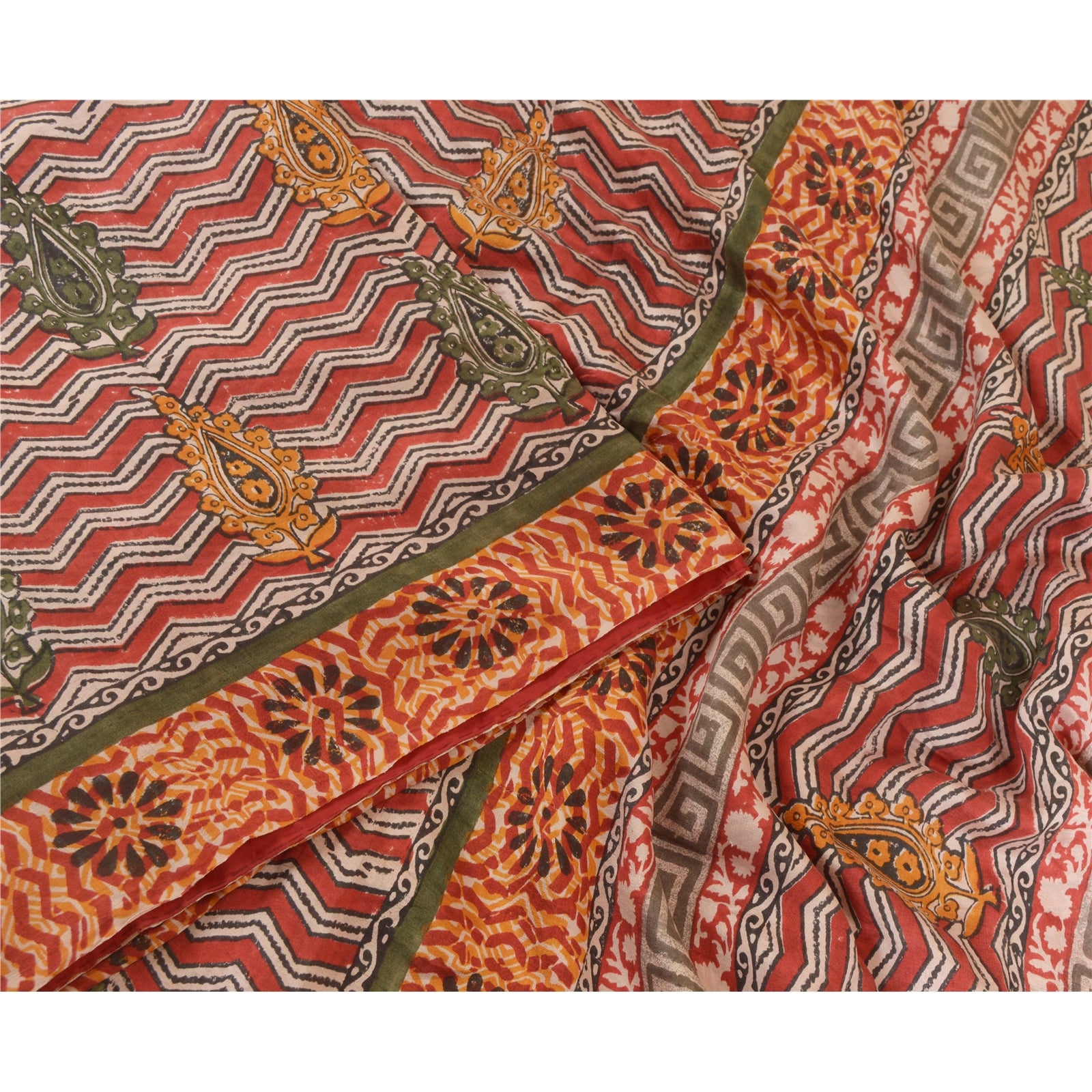 Sanskriti Vintage Saree Red 100% Pure Silk 5 Yard Saree Hand Block Printed Zig Zag Fabric Uses-Table linen, Cushions, Curtains, Dressing
