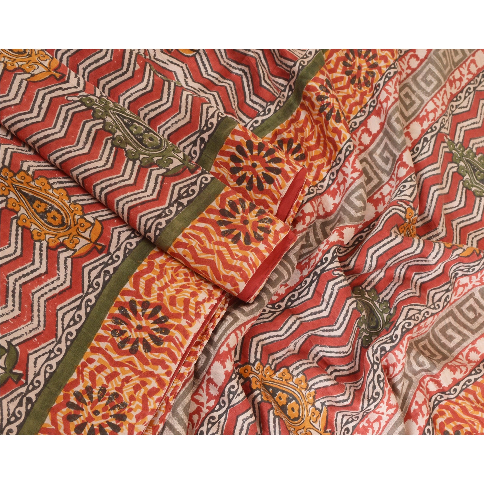 Sanskriti Vintage Saree Red 100% Pure Silk 5 Yard Saree Hand Block Printed Zig Zag Fabric Uses-Table linen, Cushions, Curtains, Dressing