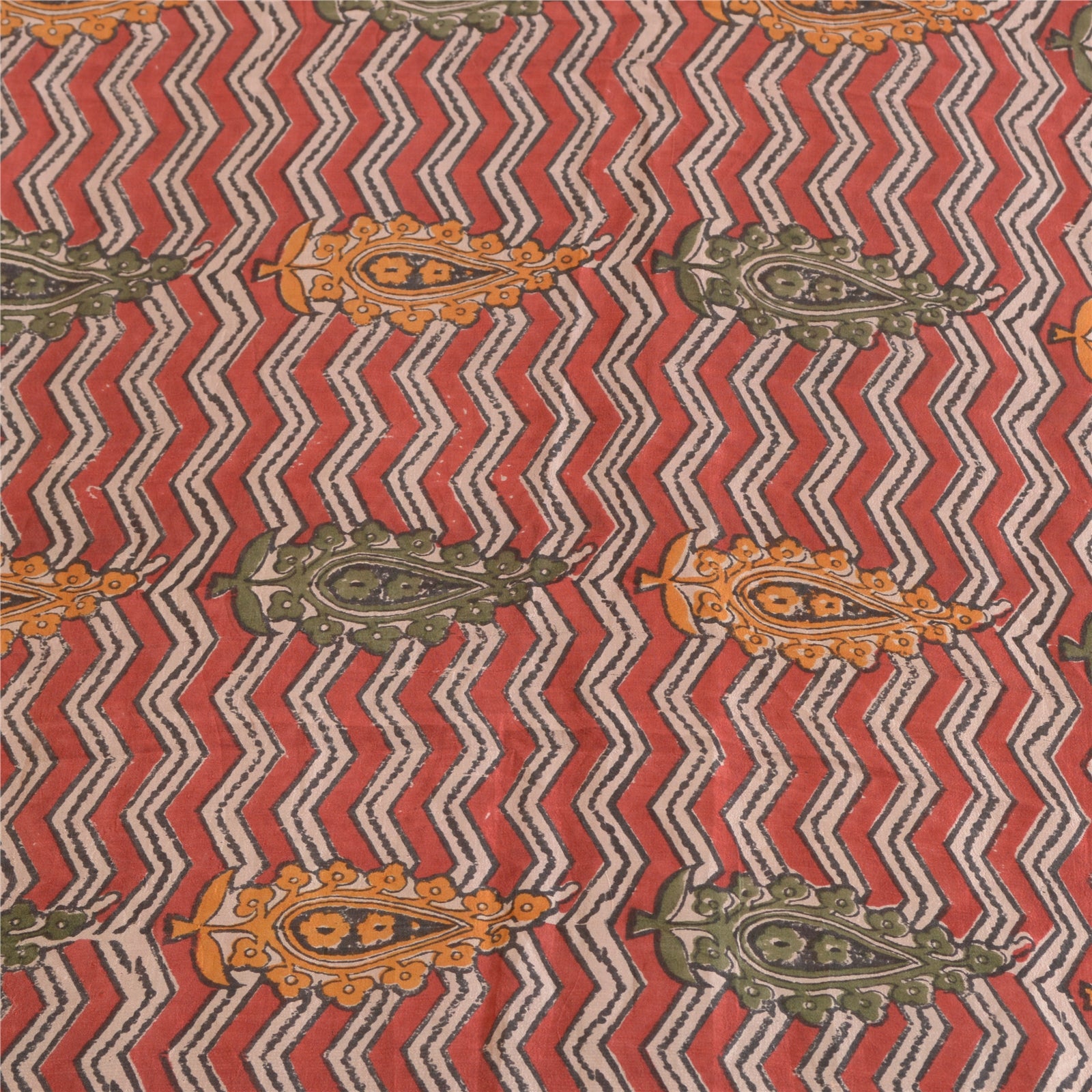 Sanskriti Vintage Saree Red 100% Pure Silk 5 Yard Saree Hand Block Printed Zig Zag Fabric Uses-Table linen, Cushions, Curtains, Dressing