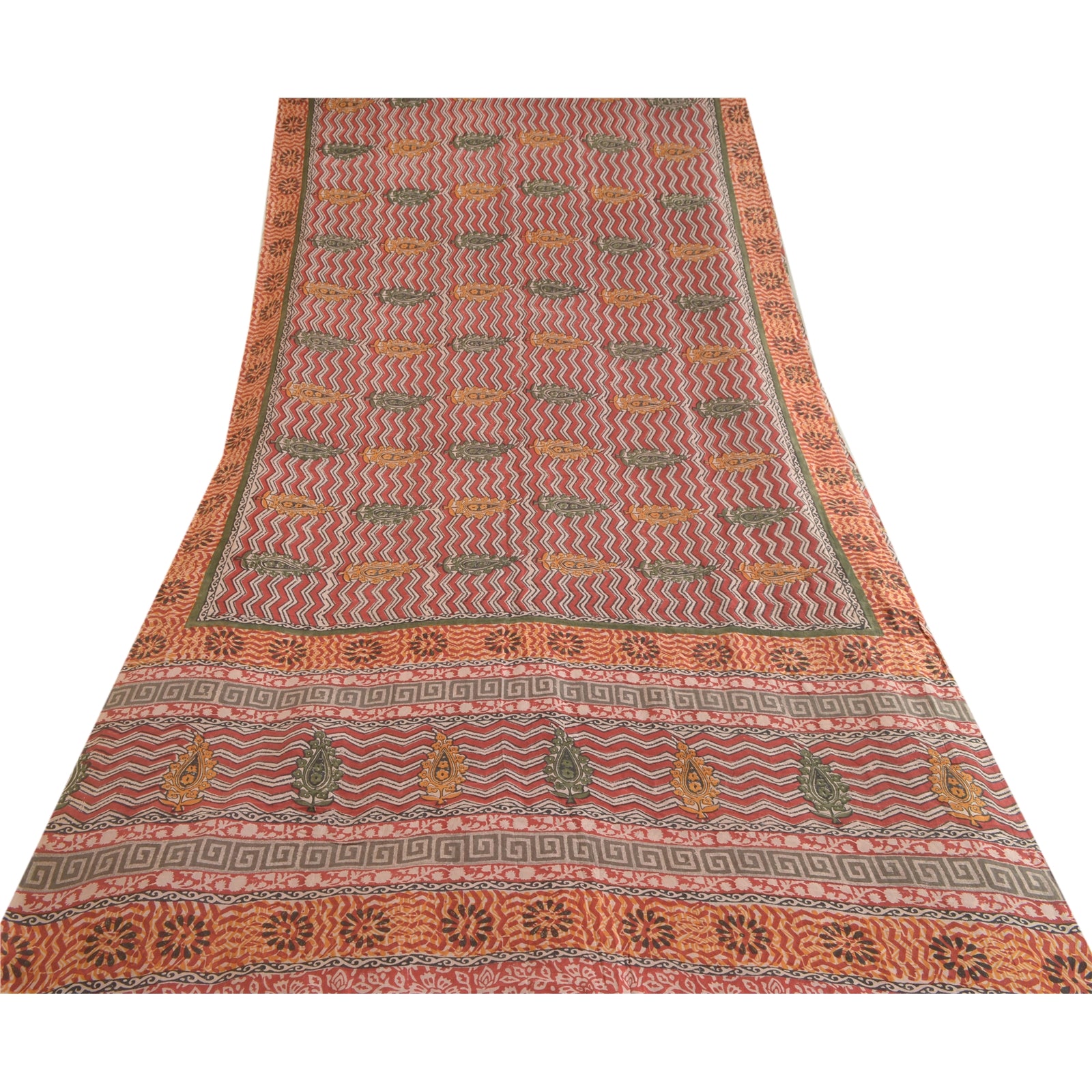 Sanskriti Vintage Saree Red 100% Pure Silk 5 Yard Saree Hand Block Printed Zig Zag Fabric Uses-Table linen, Cushions, Curtains, Dressing