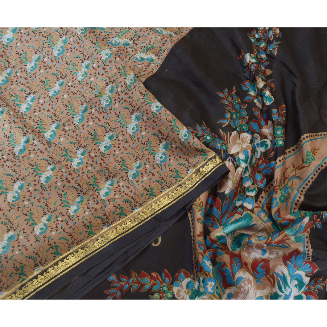 Sanskriti Vintage Brown/Black Sarees Pure Silk Printed Zari Border Sari Fabric