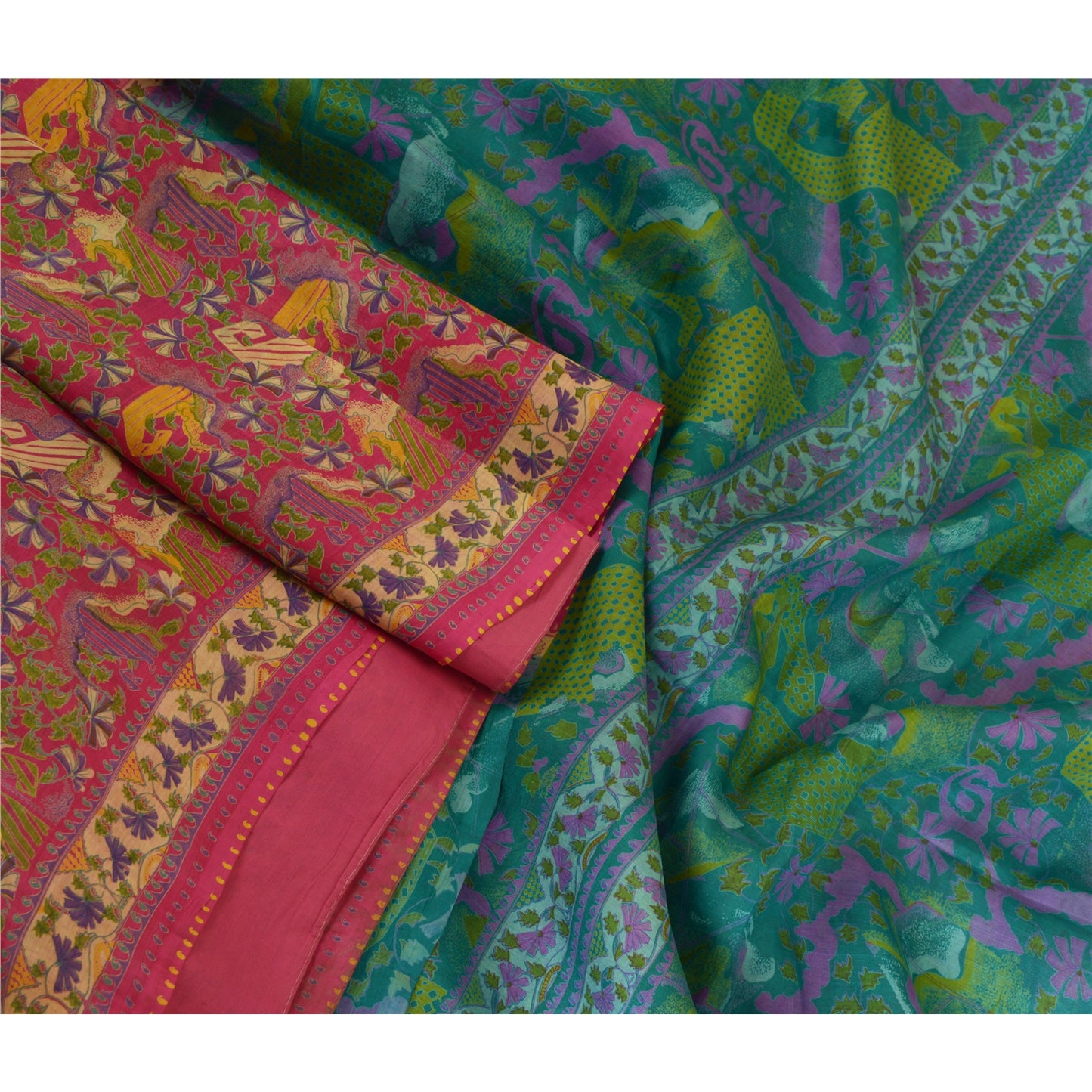 Sanskriti Vintage Sarees Pink 100% Pure Silk Sari Printed Soft 5yd Craft Sustainable Fabric