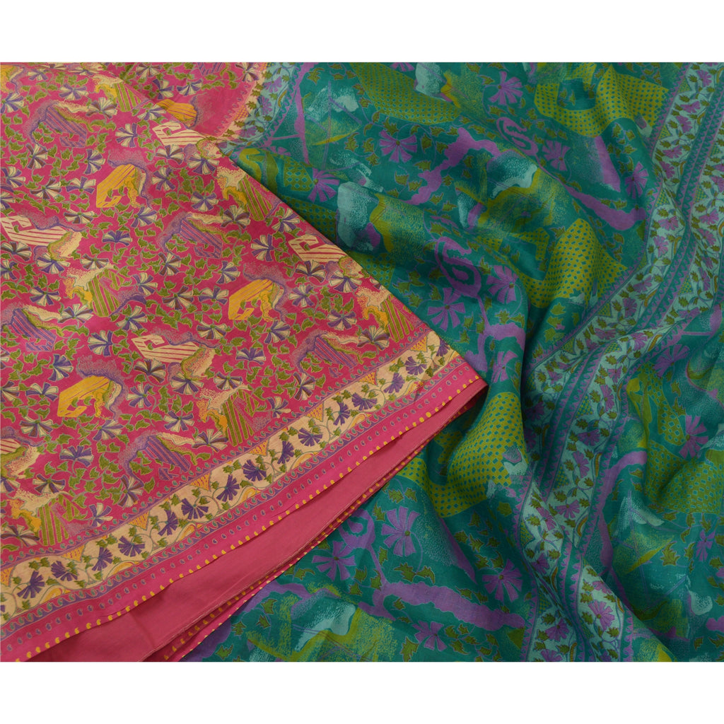 Sanskriti Vintage Sarees Pink 100% Pure Silk Sari Printed Soft 5yd Craft Sustainable Fabric
