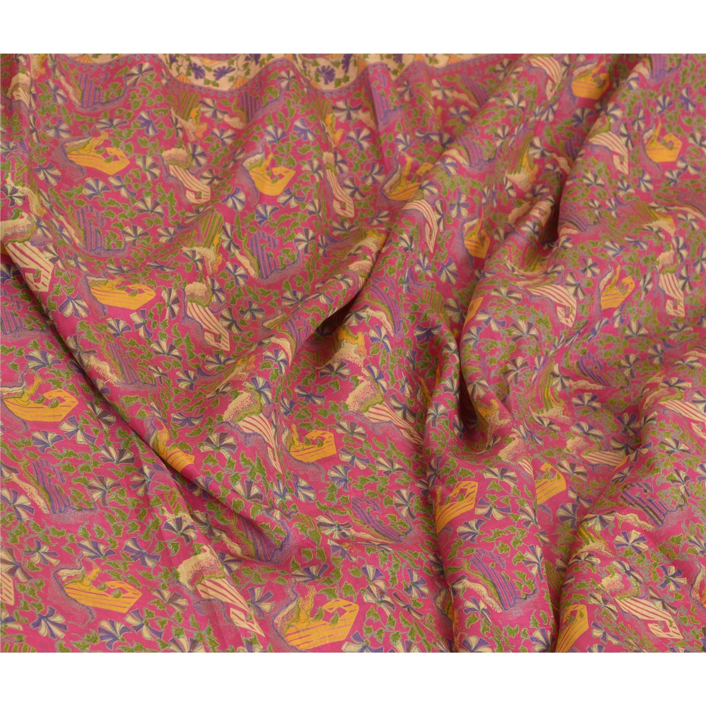 Sanskriti Vintage Sarees Pink 100% Pure Silk Sari Printed Soft 5yd Craft Sustainable Fabric