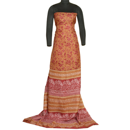 Sanskriti Vintage Sarees Red/Heena-Green Pure Silk Sari Printed 5yd Craft Sustainable Fabric