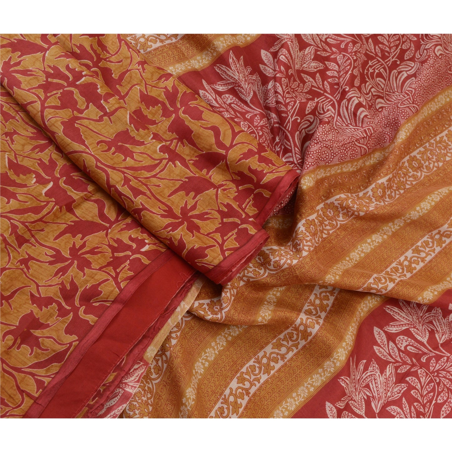 Sanskriti Vintage Sarees Red/Heena-Green Pure Silk Sari Printed 5yd Craft Sustainable Fabric