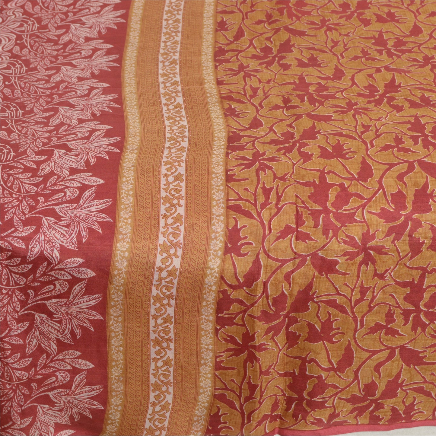 Sanskriti Vintage Sarees Red/Heena-Green Pure Silk Sari Printed 5yd Craft Sustainable Fabric