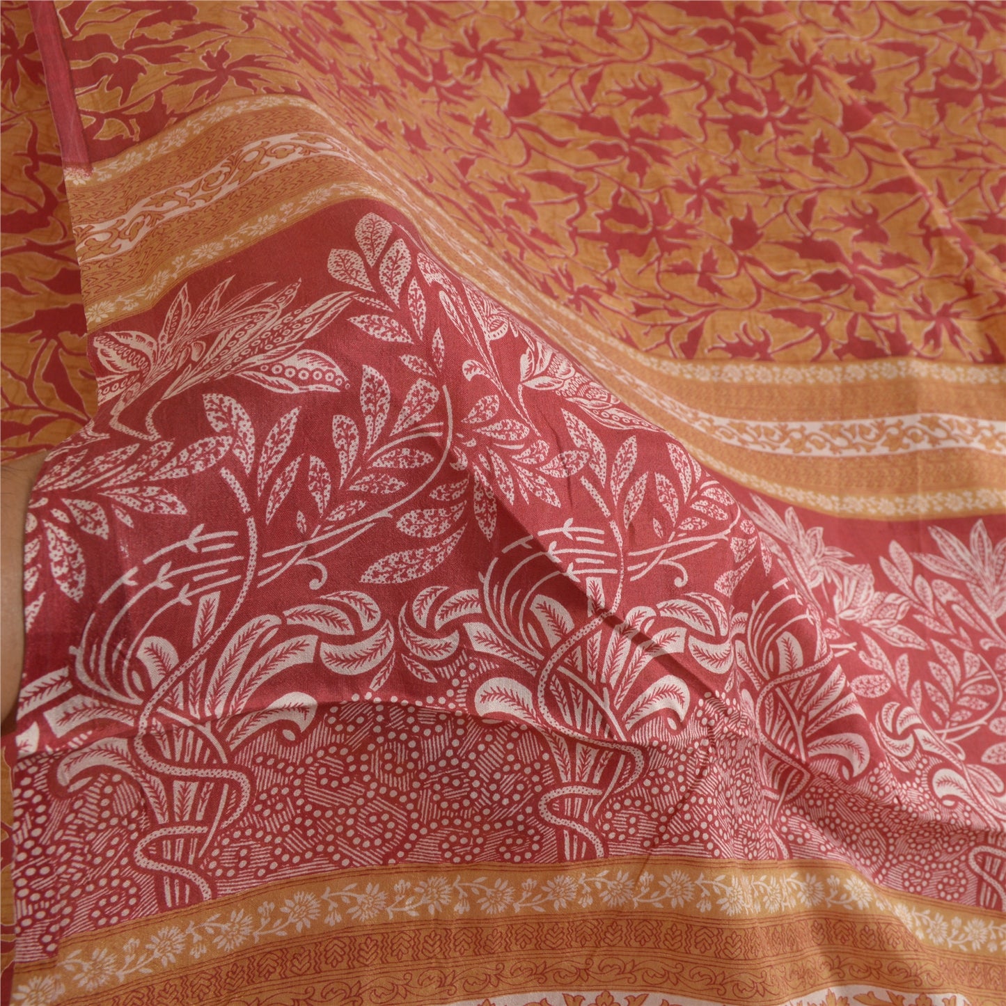 Sanskriti Vintage Sarees Red/Heena-Green Pure Silk Sari Printed 5yd Craft Sustainable Fabric