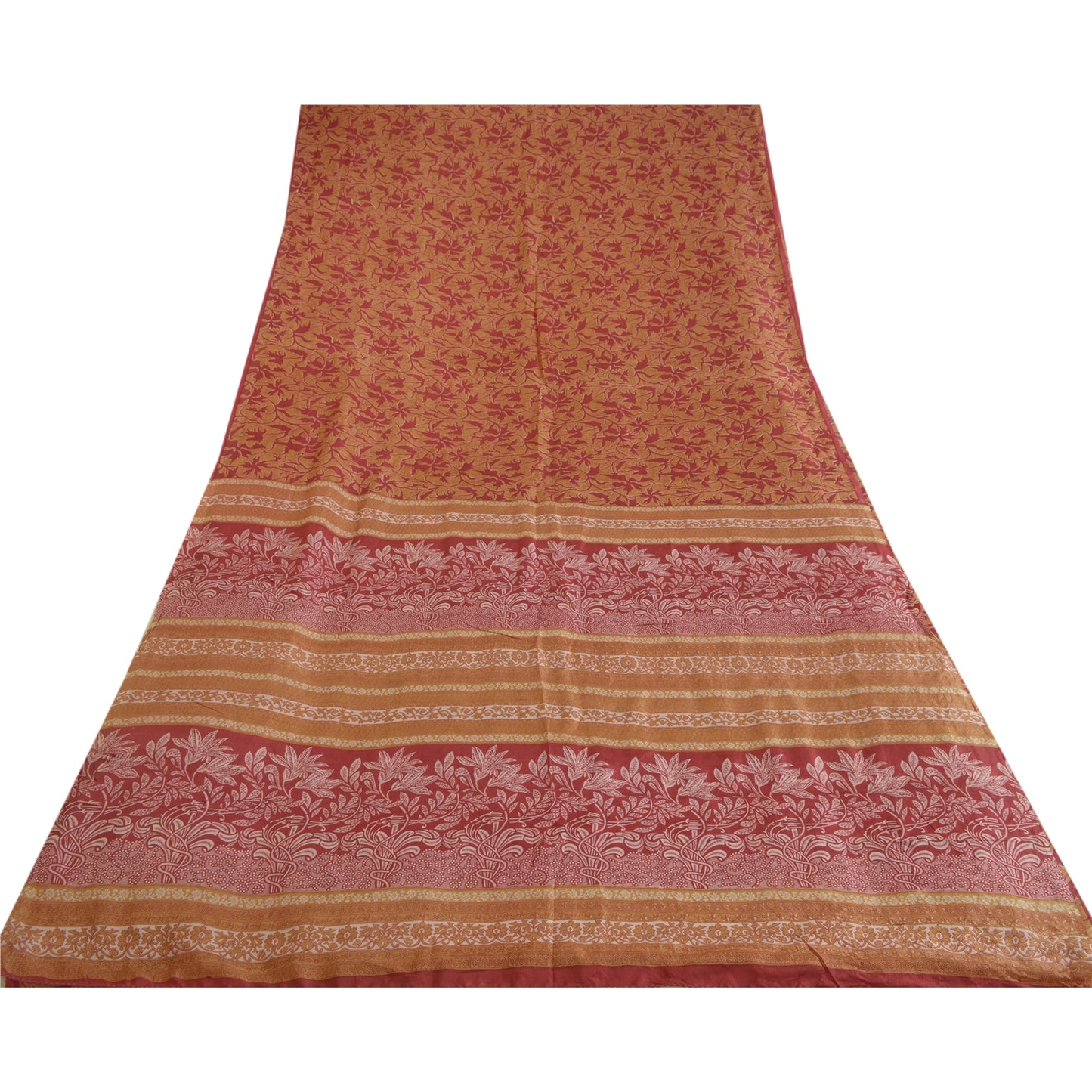 Sanskriti Vintage Sarees Red/Heena-Green Pure Silk Sari Printed 5yd Craft Sustainable Fabric