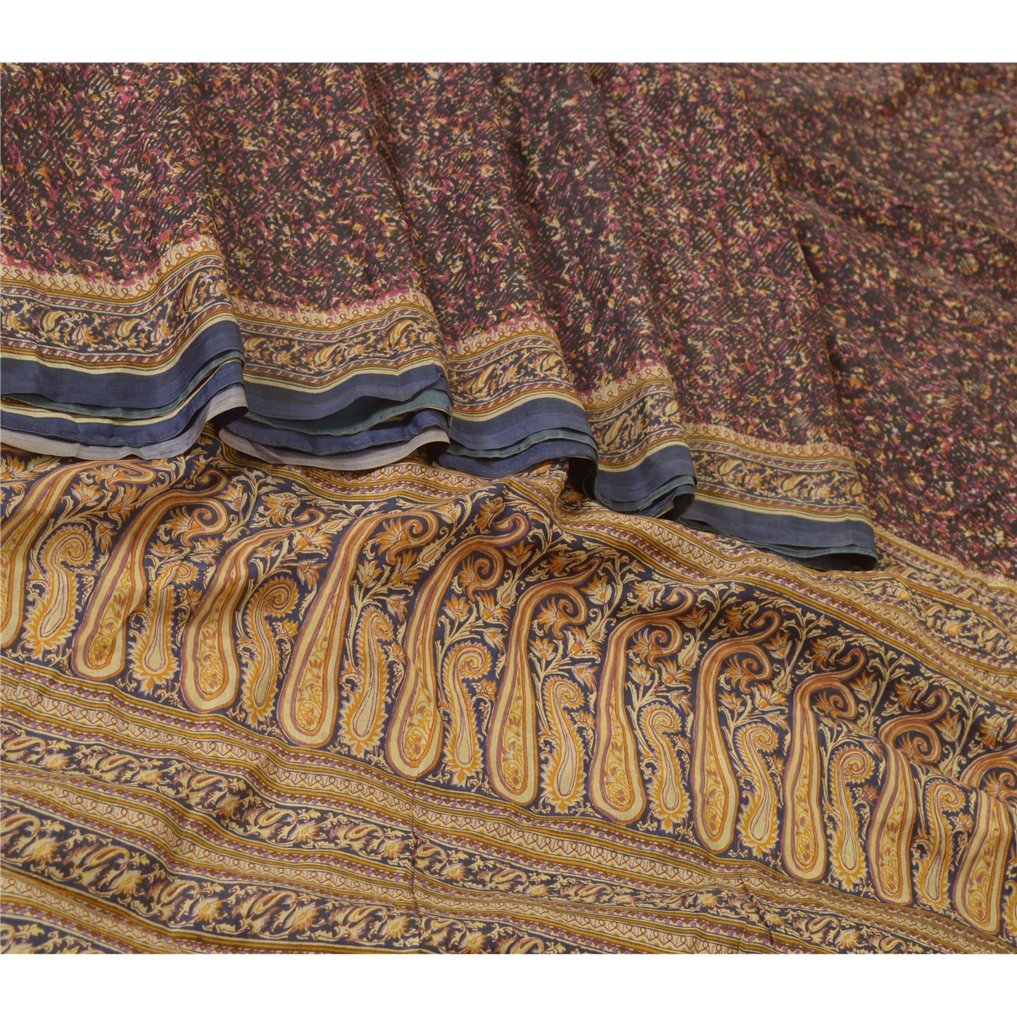 Sanskriti Vintage Sarees Indian Brown Pure Silk Sari Printed Floral Craft Sustainable Fabric