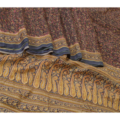 Sanskriti Vintage Sarees Indian Brown Pure Silk Sari Printed Floral Craft Sustainable Fabric