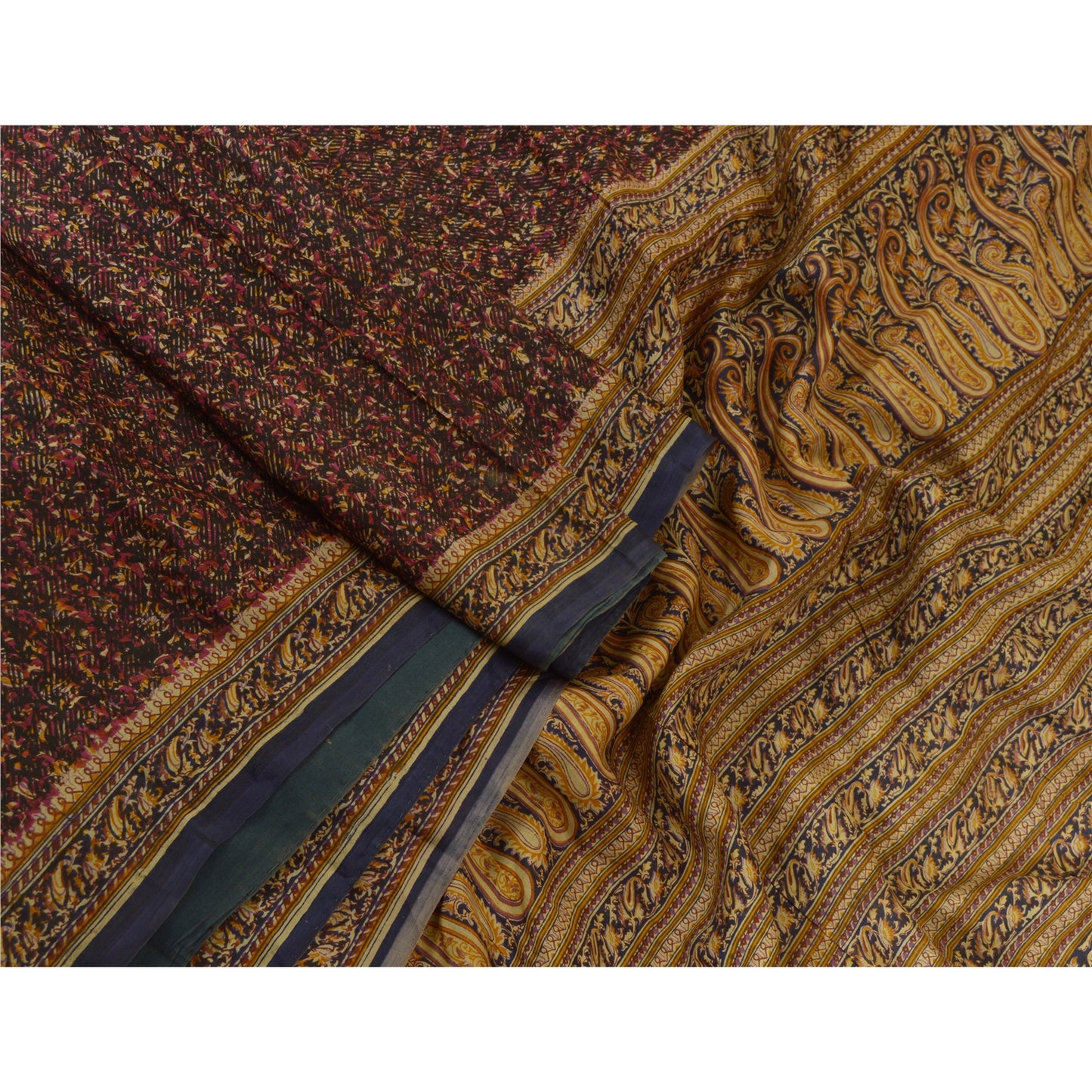 Sanskriti Vintage Sarees Indian Brown Pure Silk Sari Printed Floral Craft Sustainable Fabric