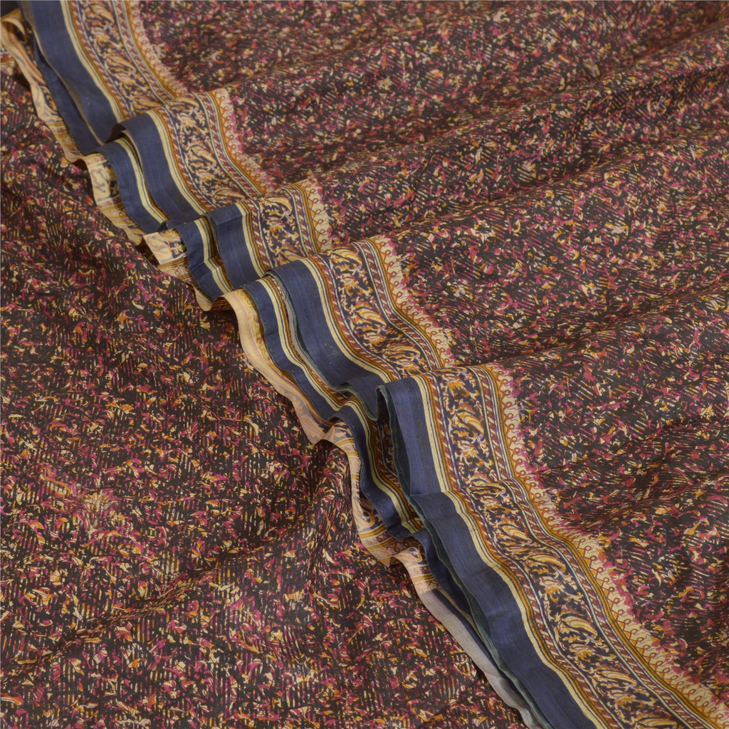 Sanskriti Vintage Sarees Indian Brown Pure Silk Sari Printed Floral Craft Sustainable Fabric