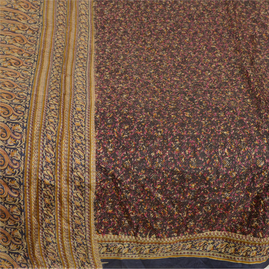 Sanskriti Vintage Sarees Indian Brown Pure Silk Sari Printed Floral Craft Sustainable Fabric