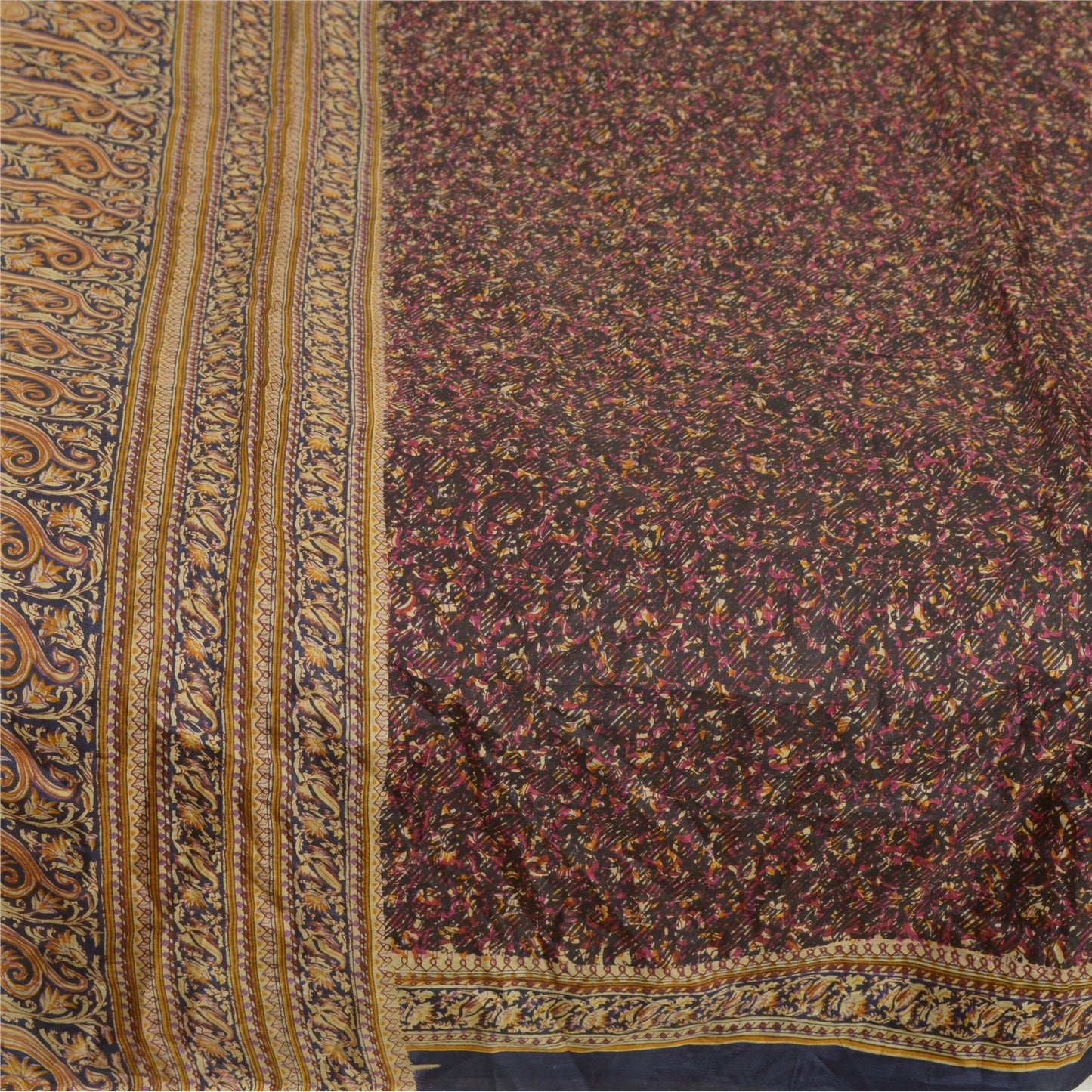 Sanskriti Vintage Sarees Indian Brown Pure Silk Sari Printed Floral Craft Sustainable Fabric
