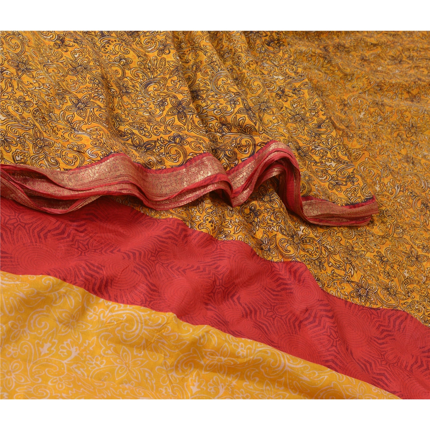 Sanskriti Vintage Sarees Yellow Zari Border Pure Silk Sari Printed Craft Sustainable Fabric