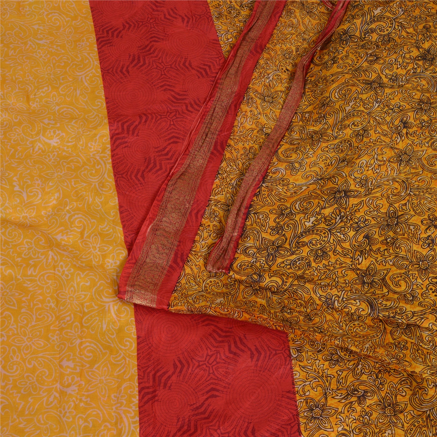 Sanskriti Vintage Sarees Yellow Zari Border Pure Silk Sari Printed Craft Sustainable Fabric