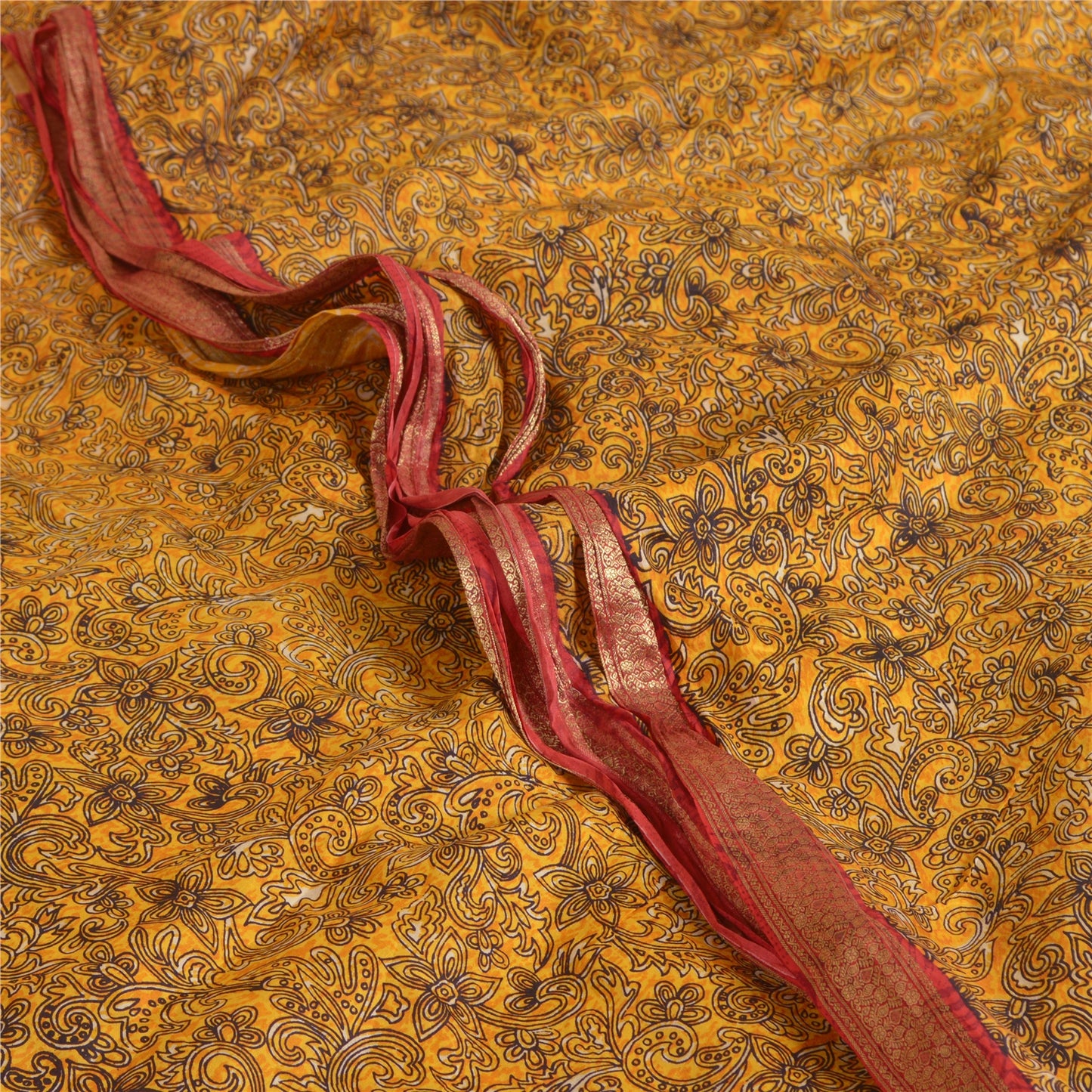 Sanskriti Vintage Sarees Yellow Zari Border Pure Silk Sari Printed Craft Sustainable Fabric