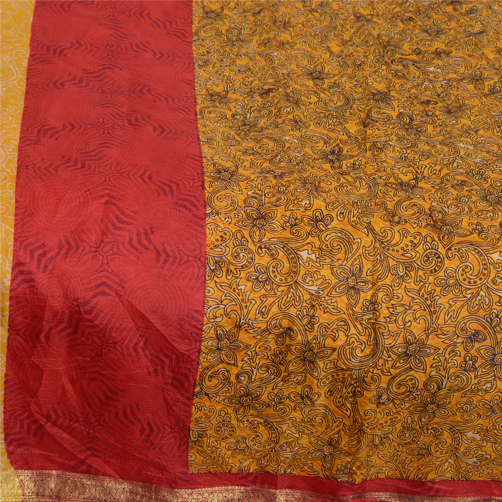 Sanskriti Vintage Sarees Yellow Zari Border Pure Silk Sari Printed Craft Sustainable Fabric