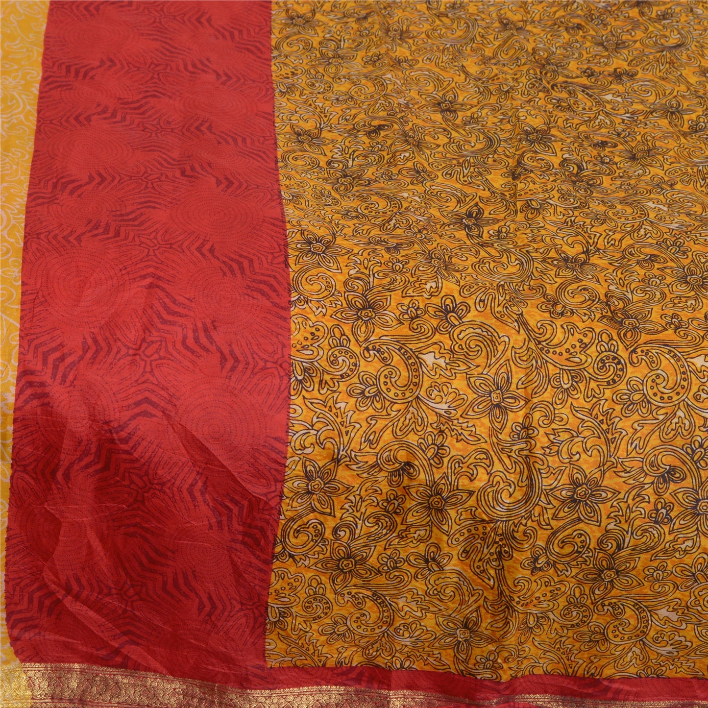 Sanskriti Vintage Sarees Yellow Zari Border Pure Silk Sari Printed Craft Sustainable Fabric