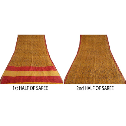 Sanskriti Vintage Sarees Yellow Zari Border Pure Silk Sari Printed Craft Sustainable Fabric