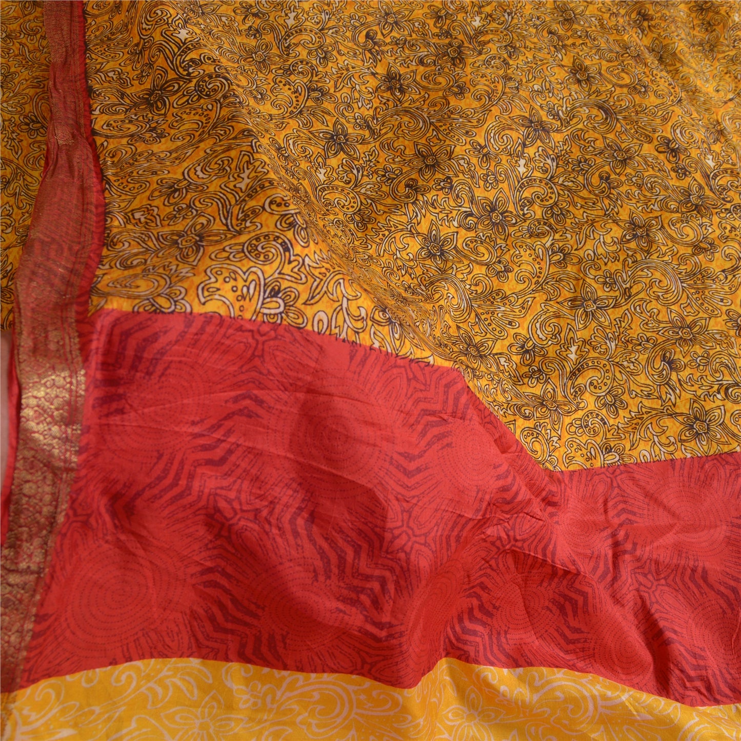 Sanskriti Vintage Sarees Yellow Zari Border Pure Silk Sari Printed Craft Sustainable Fabric