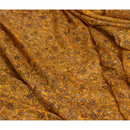 Sanskriti Vintage Sarees Yellow Zari Border Pure Silk Sari Printed Craft Sustainable Fabric