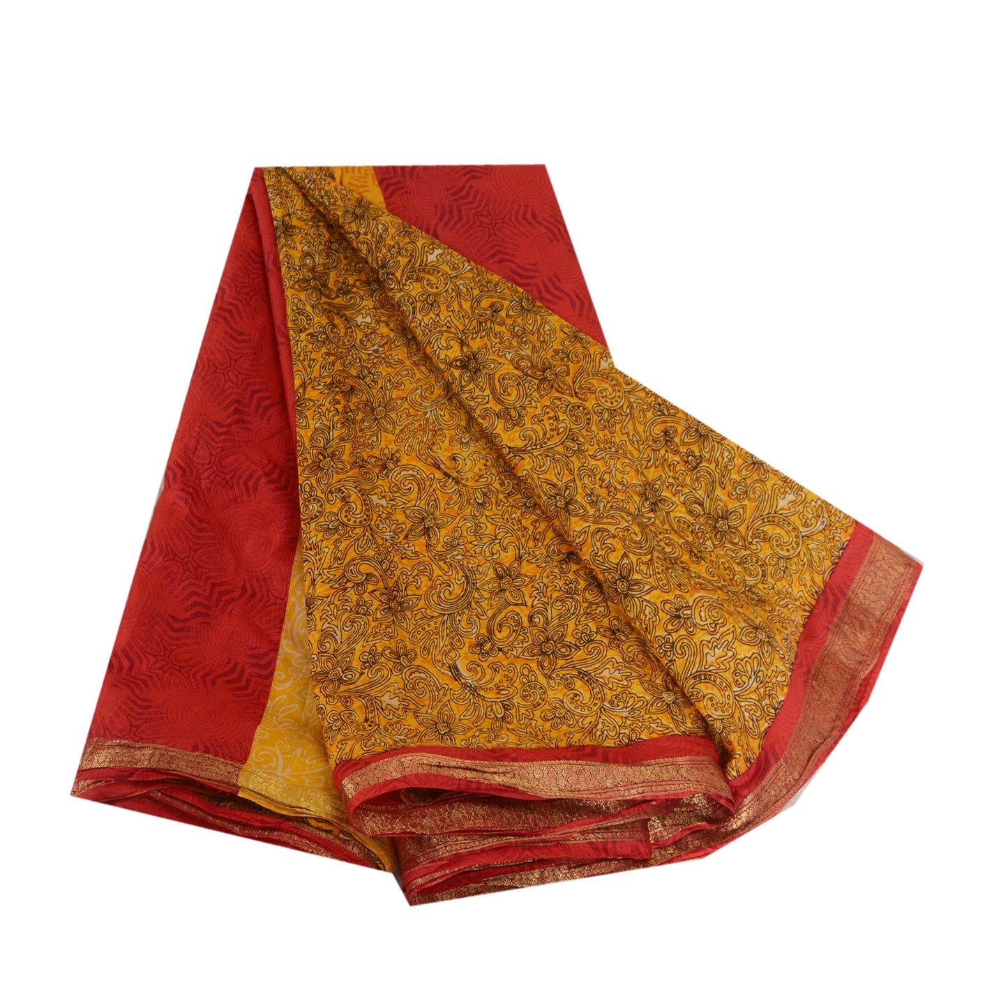 Sanskriti Vintage Sarees Yellow Zari Border Pure Silk Sari Printed Craft Sustainable Fabric