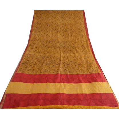 Sanskriti Vintage Sarees Yellow Zari Border Pure Silk Sari Printed Craft Sustainable Fabric