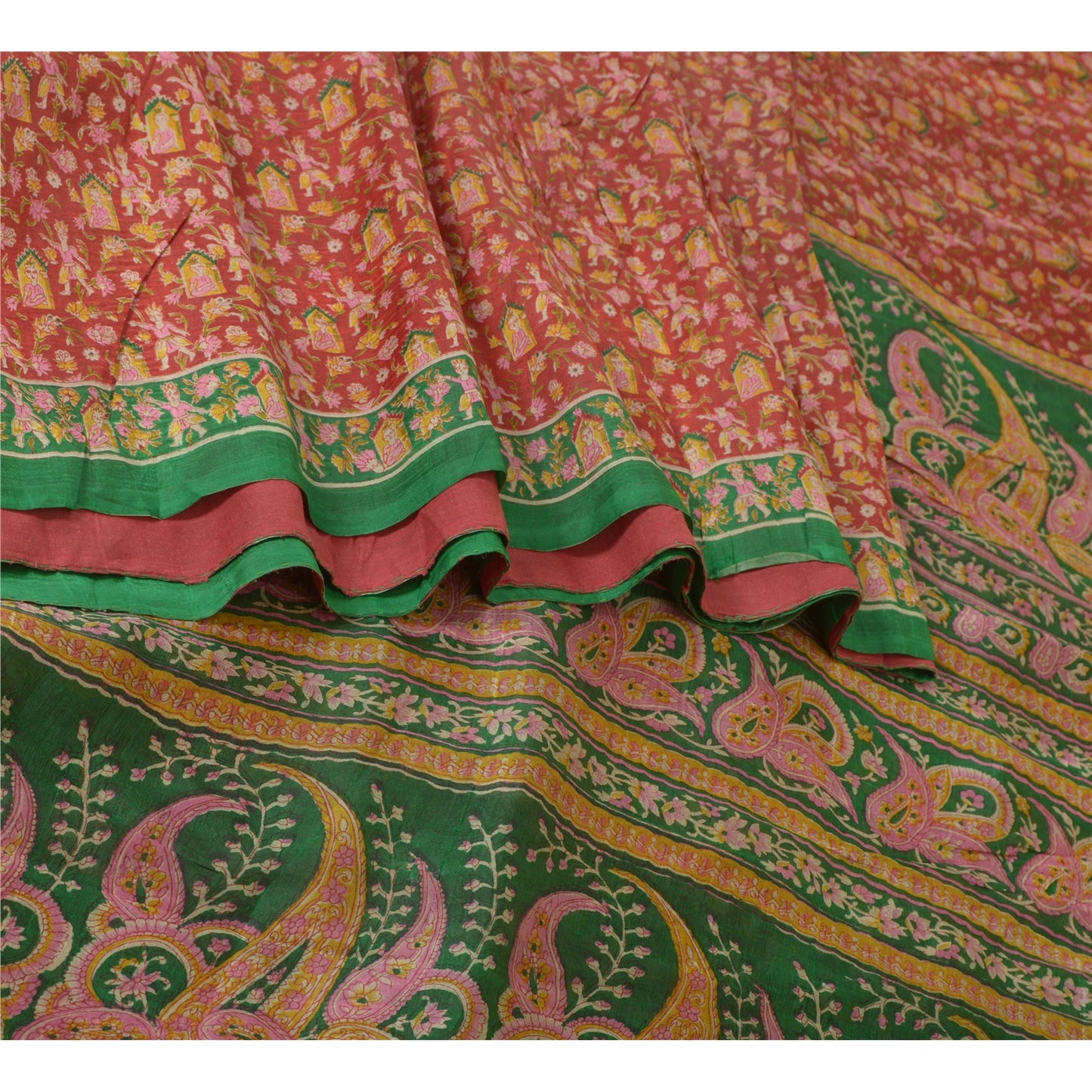 Sanskriti Vintage Sarees Indian Red/Green Printed Pure Silk Sari Craft Sustainable Fabric